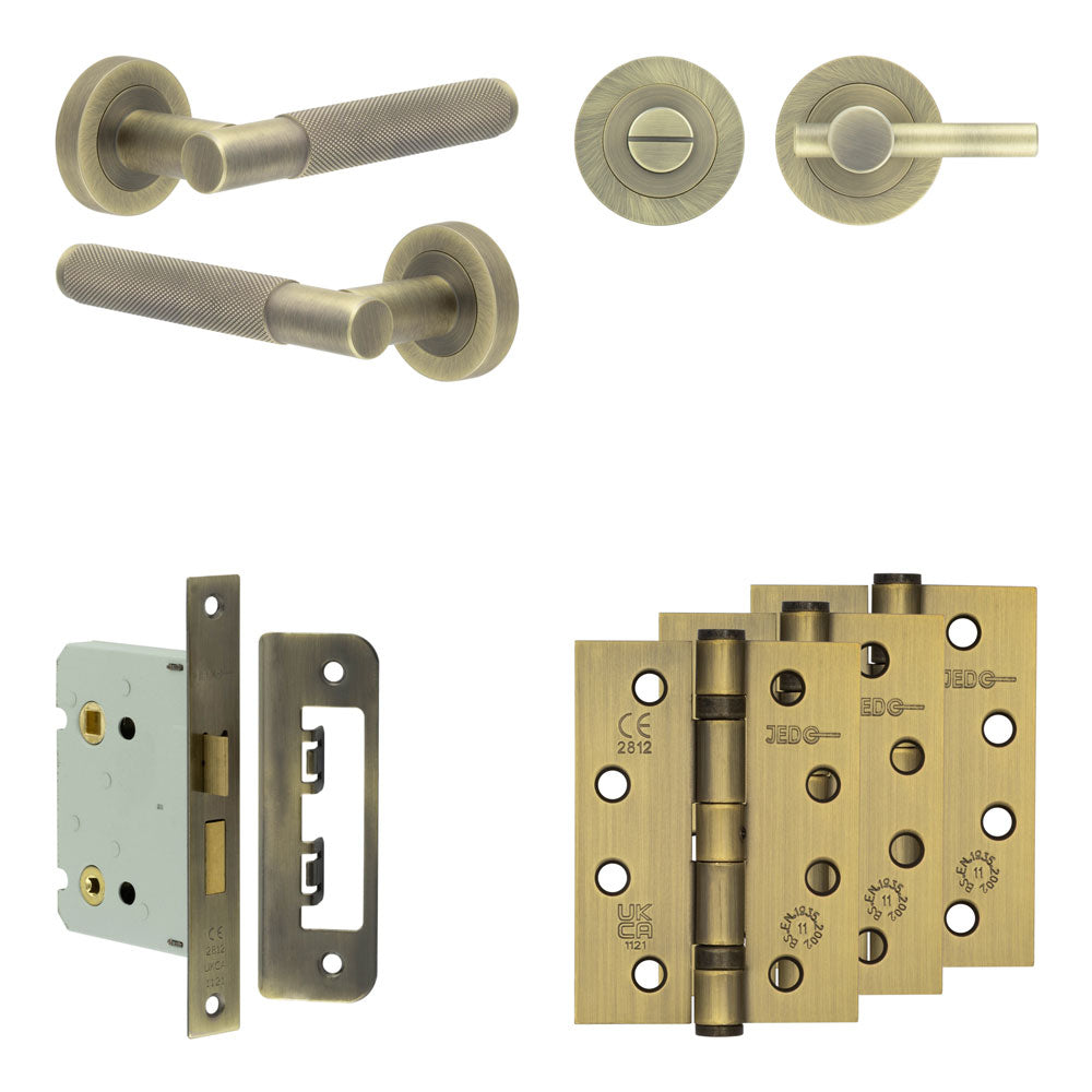 Complete Bari Door Handle Pack - Bathroom - Antique Brass - 76mm / 4" / Easy Thumb Turn & Lock