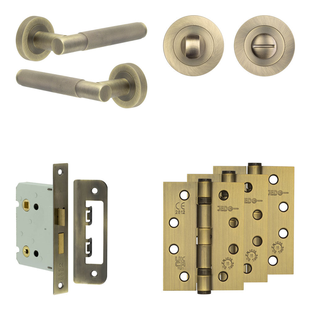 Complete Bari Door Handle Pack - Bathroom - Antique Brass - 76mm / 4" / Designer Round Turn & Release