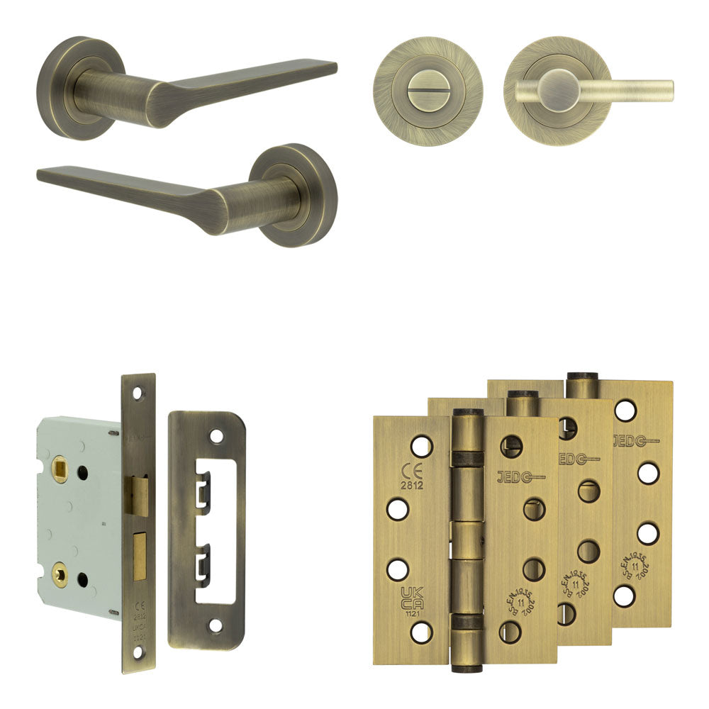 Complete Gio Door Handle Pack - Bathroom - Antique Brass - 76mm / 4" / Easy Thumb Turn & Lock