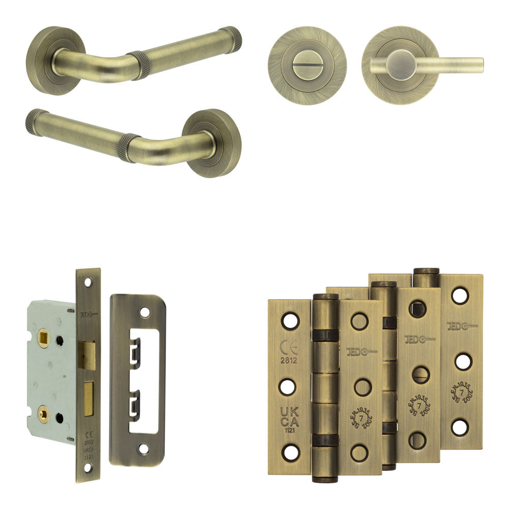 Complete Midtown Door Handle Pack - Bathroom - Antique Brass - 65mm / 3" / Easy Thumb Turn & Lock