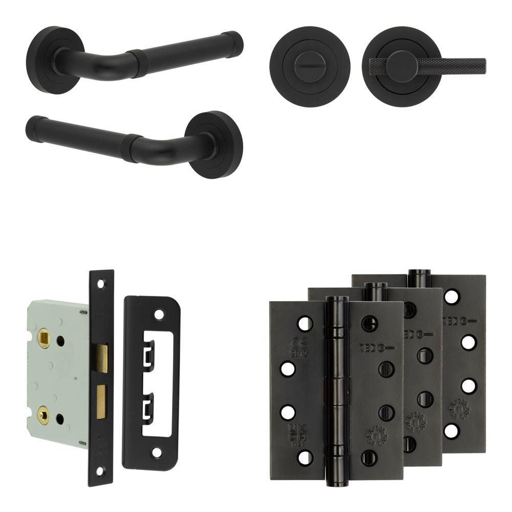 Complete Midtown Door Handle Pack - Bathroom - Black - 76mm / 4" / Bari Knurled Turn & Release