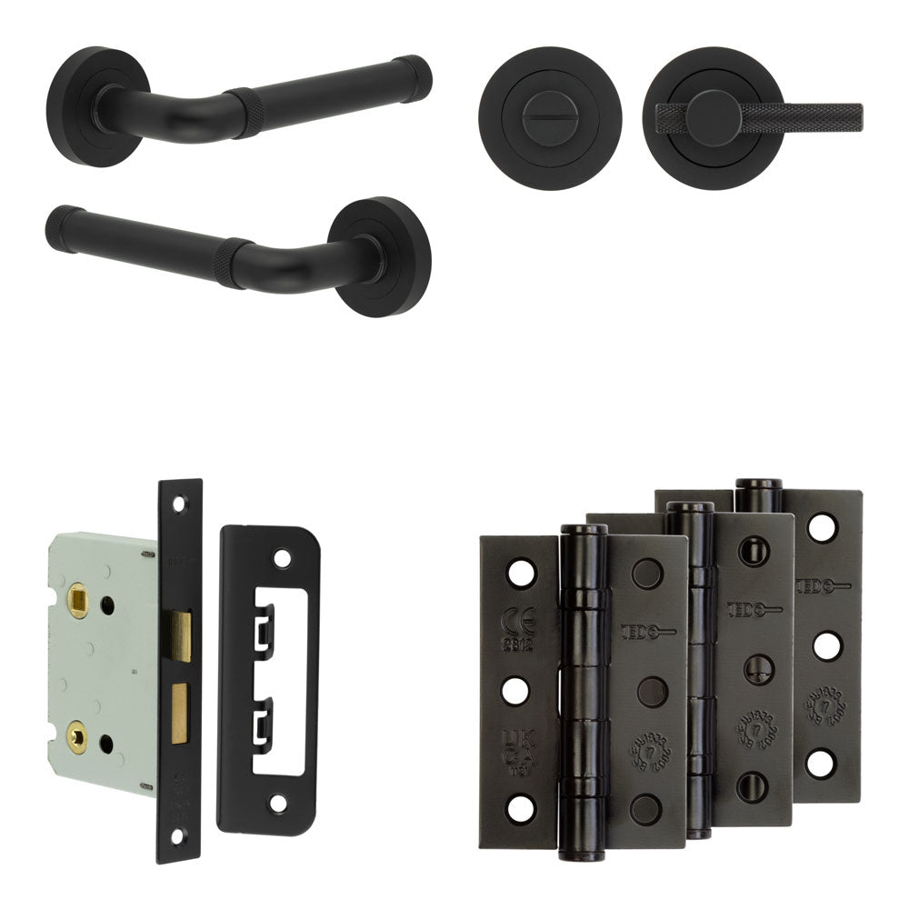 Complete Midtown Door Handle Pack - Bathroom - Black - 76mm / 3" / Bari Knurled Turn & Release