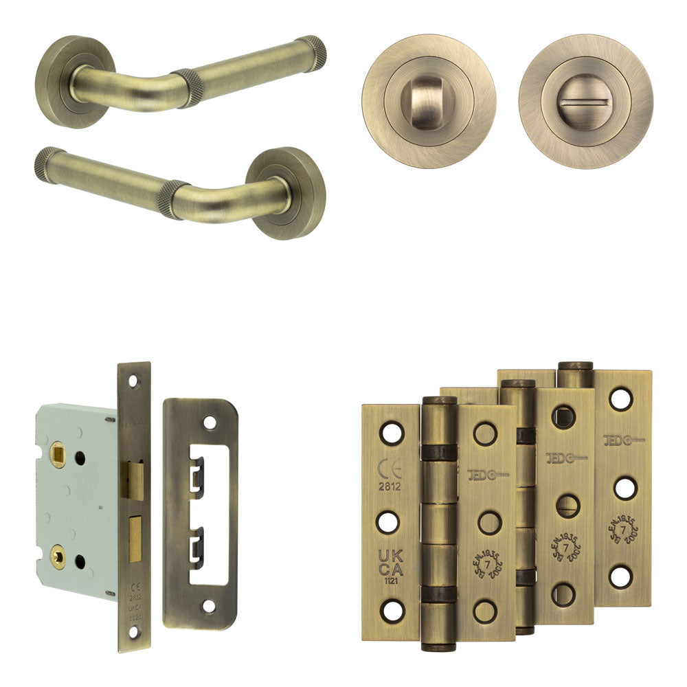Complete Midtown Door Handle Pack - Bathroom - Antique Brass - 76mm / 3" / Designer Round Turn & Release