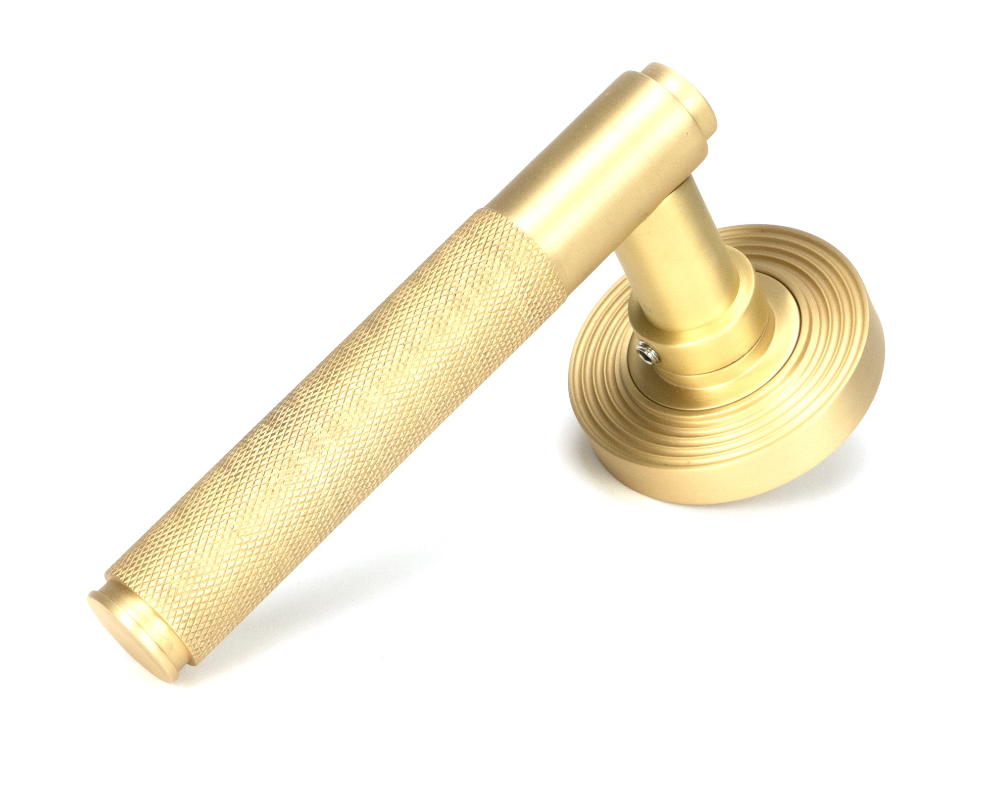From The Anvil's Satin Brass Brompton Lever on Rose Set (Sprung)