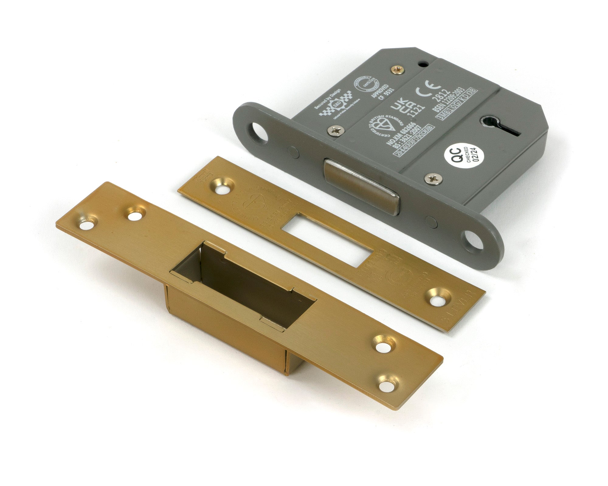 From The Anvil's Satin Brass BS 5 Lever Deadlock KA
