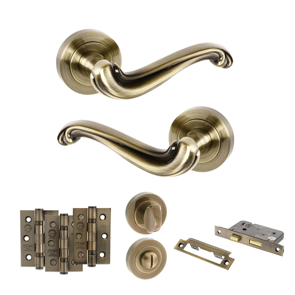Old English Colchester Door Handle Pack in Antique Brass