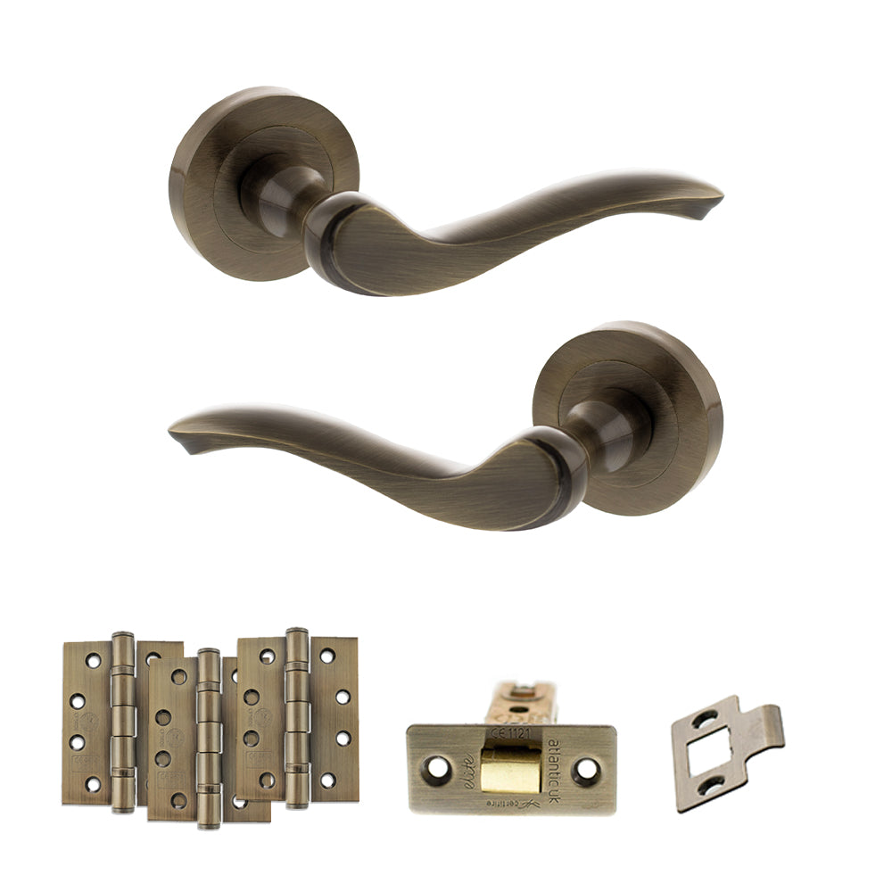 Old English Warwick Door Handle Pack in Antique Brass