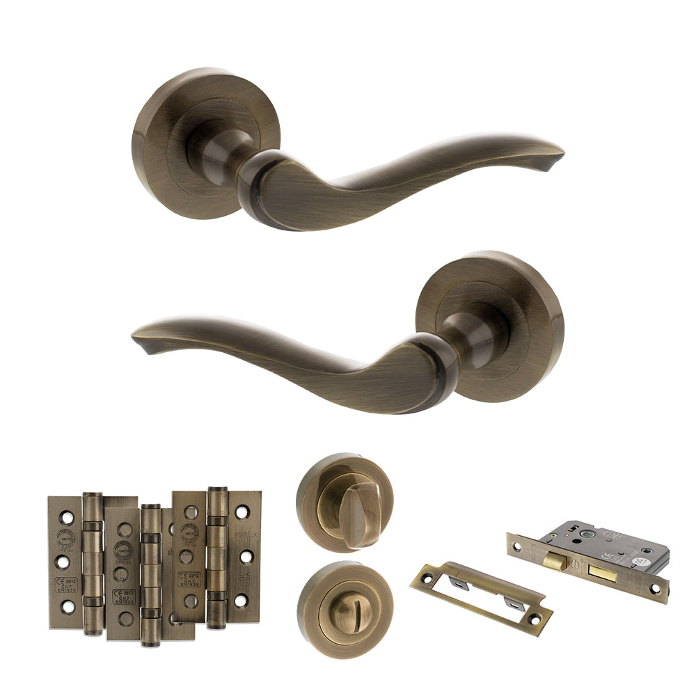 Old English Warwick Door Handle Pack in Antique Brass