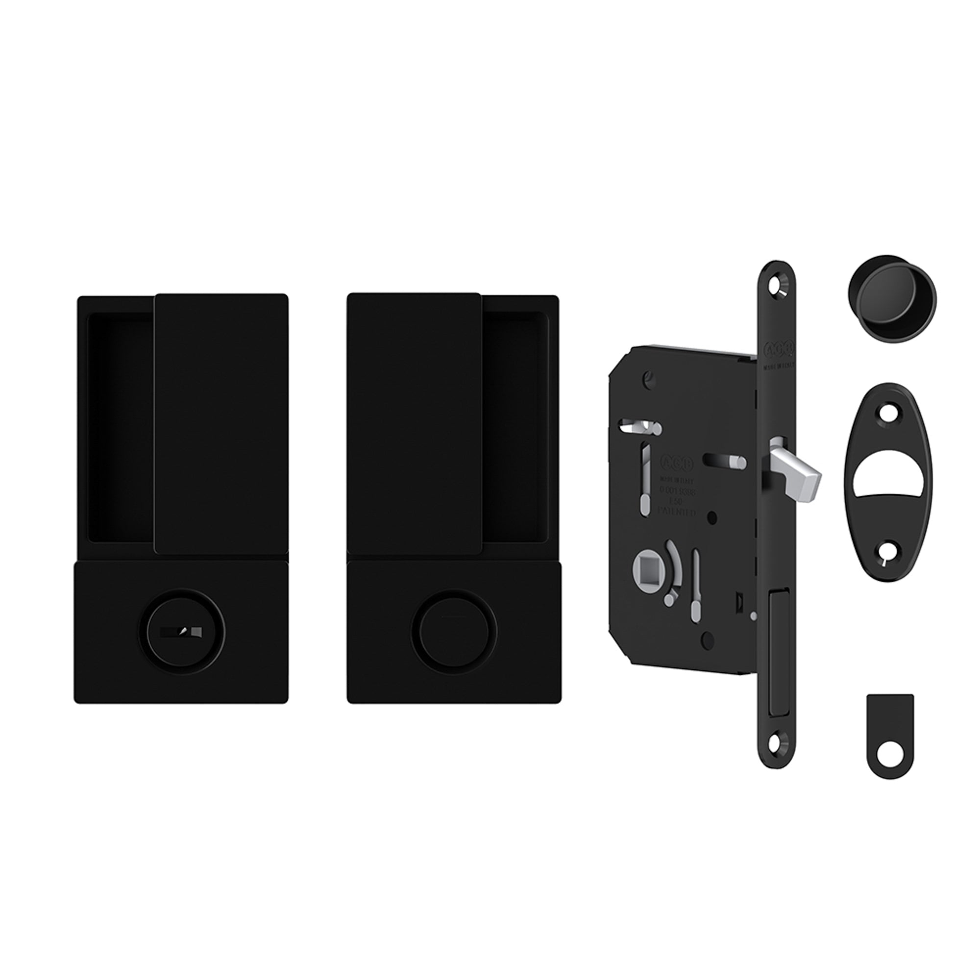 AGB Wave Flush Pocket Door Handle & Bathroom Lock Set - Matt Black 