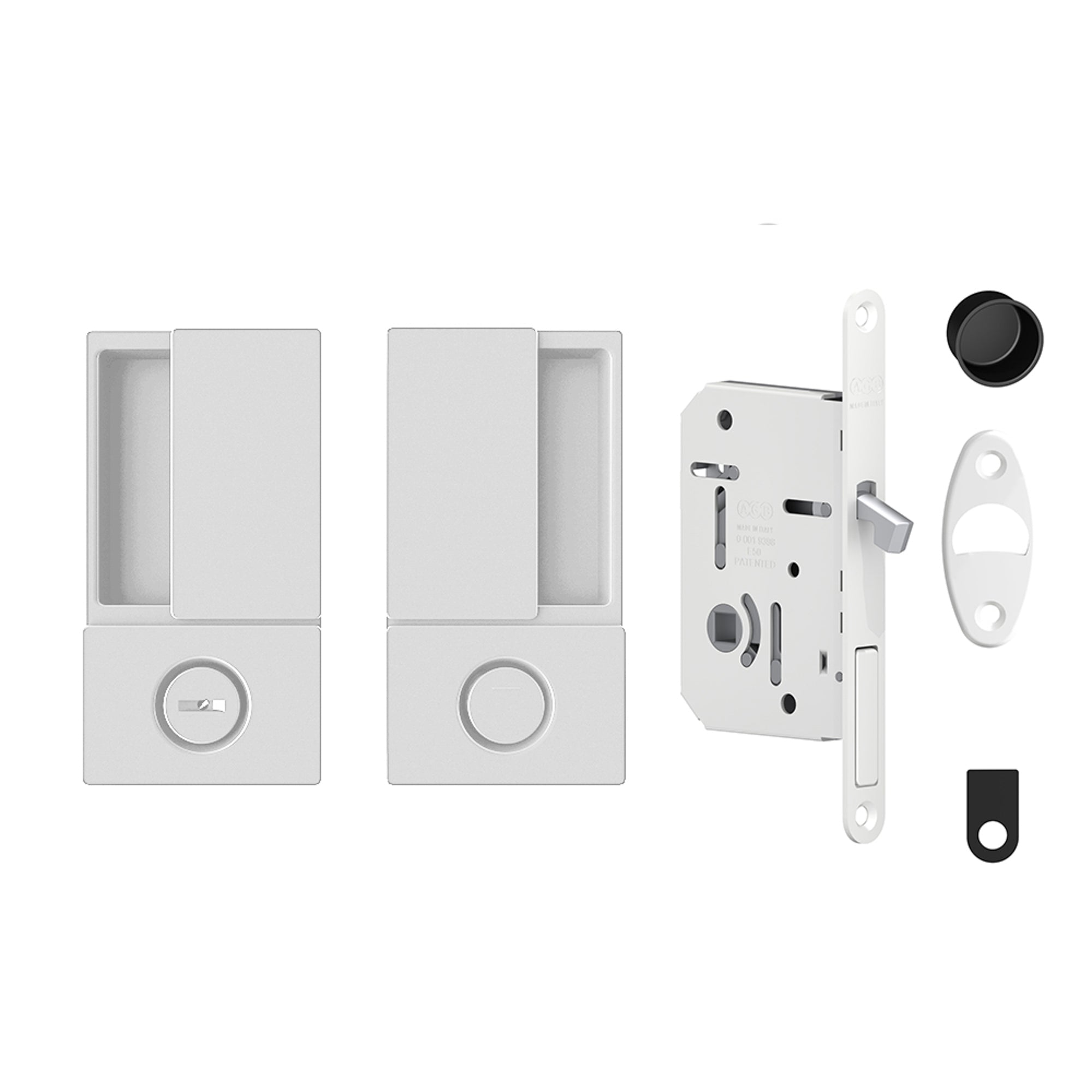 AGB Wave Flush Pocket Door Handle & Bathroom Lock Set - White