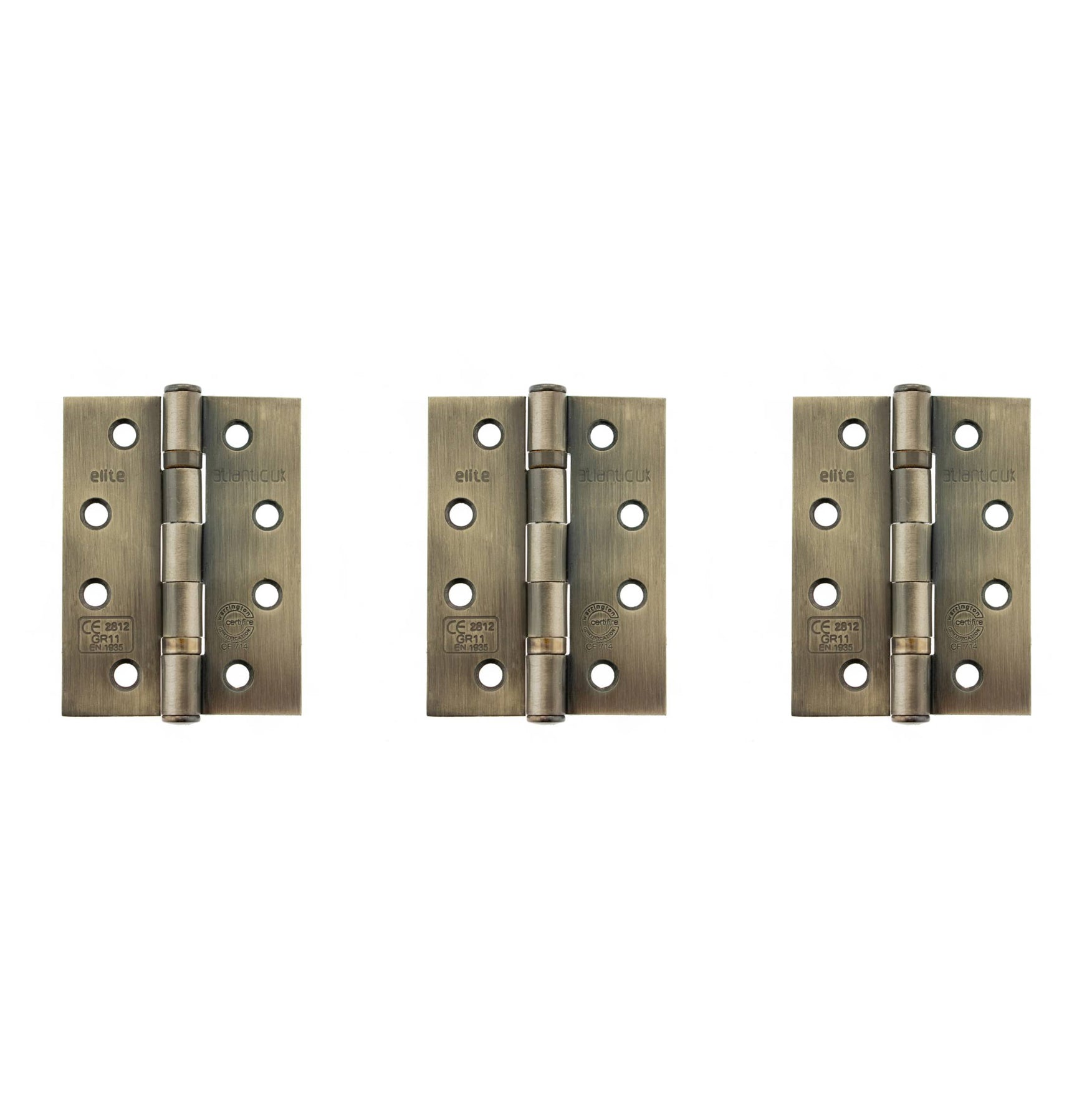 Atlantic Ball Bearing Hinges Grade 11 Fire Rated 4" x 3" x 2.5mm set of 3 - Antique Brass
