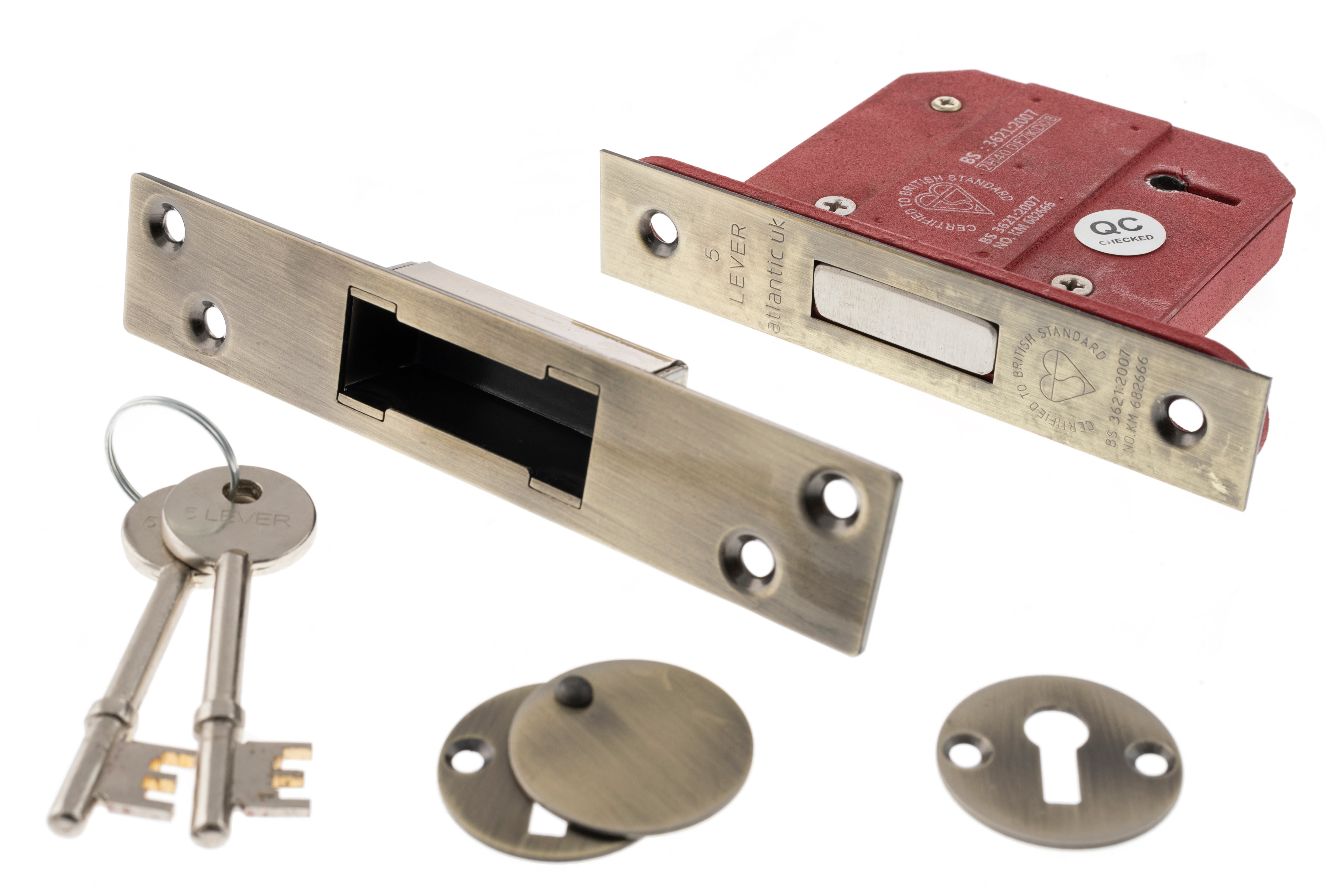 Atlantic 5 Lever Key Deadlock [BS] Keyed Alike 2.5" - Antique Brass