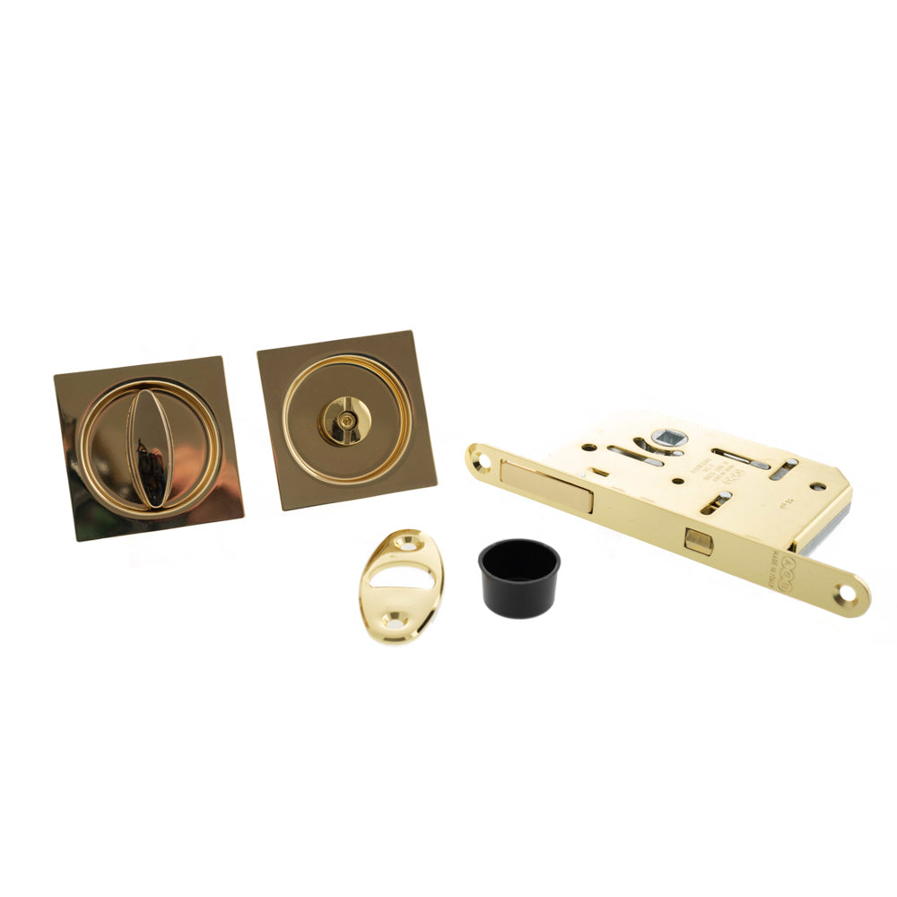 AGB Sliding Door Bathroom Lock Set with Square Flush Handle - Polished Brass