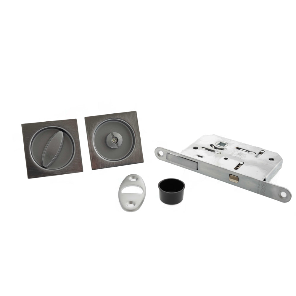 AGB Sliding Door Bathroom Lock Set with Square Flush Handle - Satin Chrome