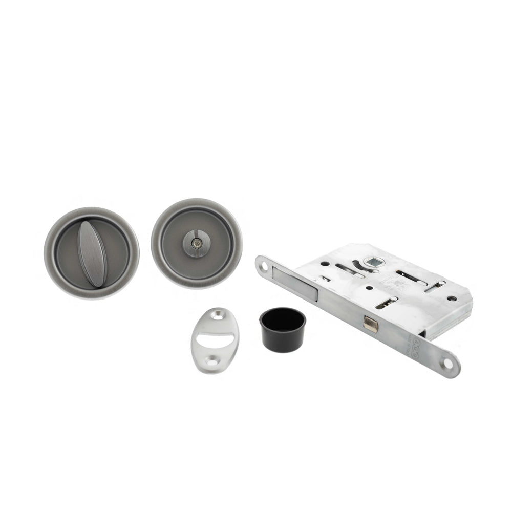 AGB Sliding Door Bathroom Lock Set with Round Flush Handle - Satin Chrome