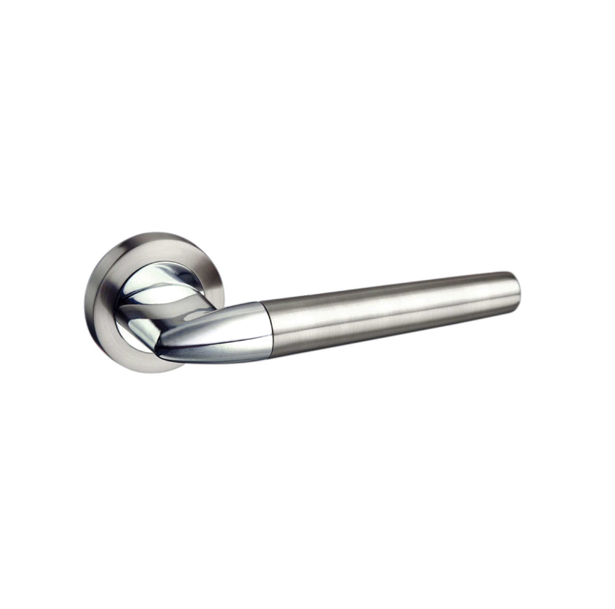 Mediterranean Toulon Lever Door Handle on Round Rose - Satin Nickel/Polished Chrome