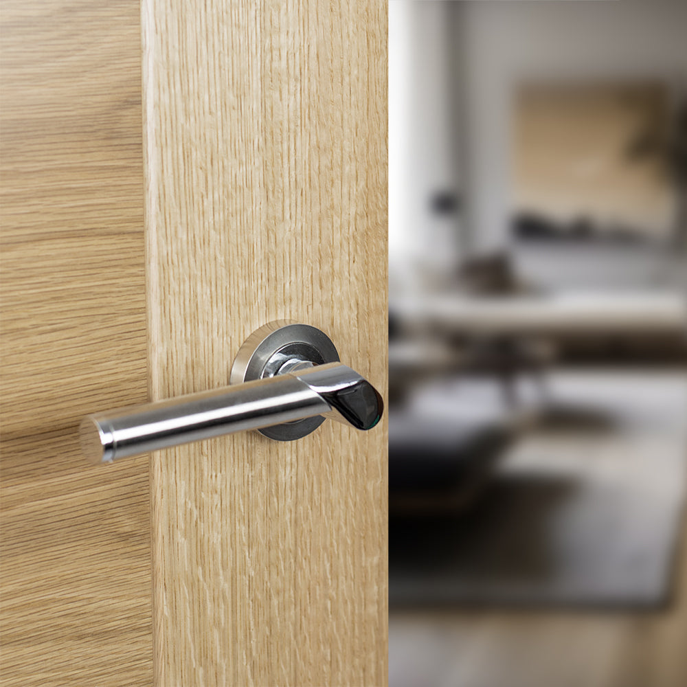 Mediterranean Tunis Lever Door Handle on Round Rose - Satin Nickel/