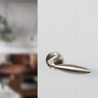 Mediterranean Ibiza Lever Door Handle on Round Rose - Satin Nickel/