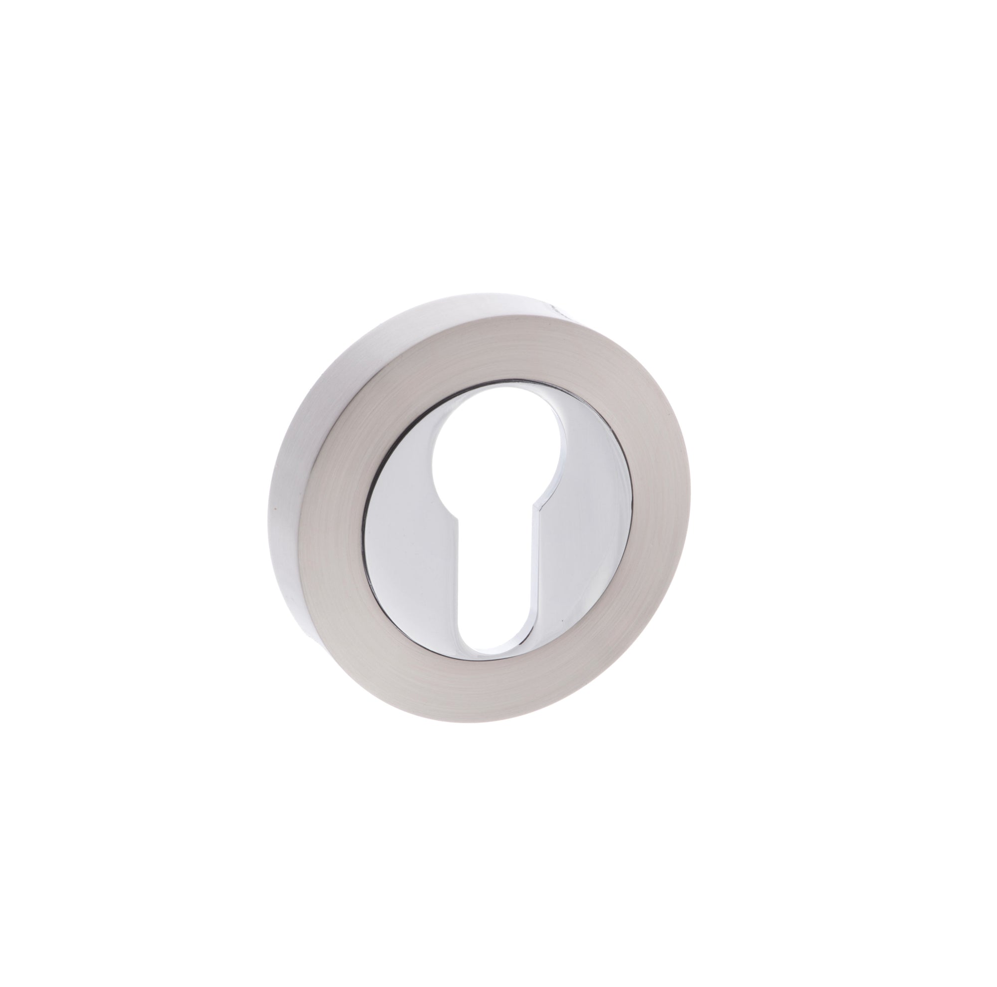 Mediterranean Euro Escutcheons on Round Rose - Satin Nickel/Polished Chrome