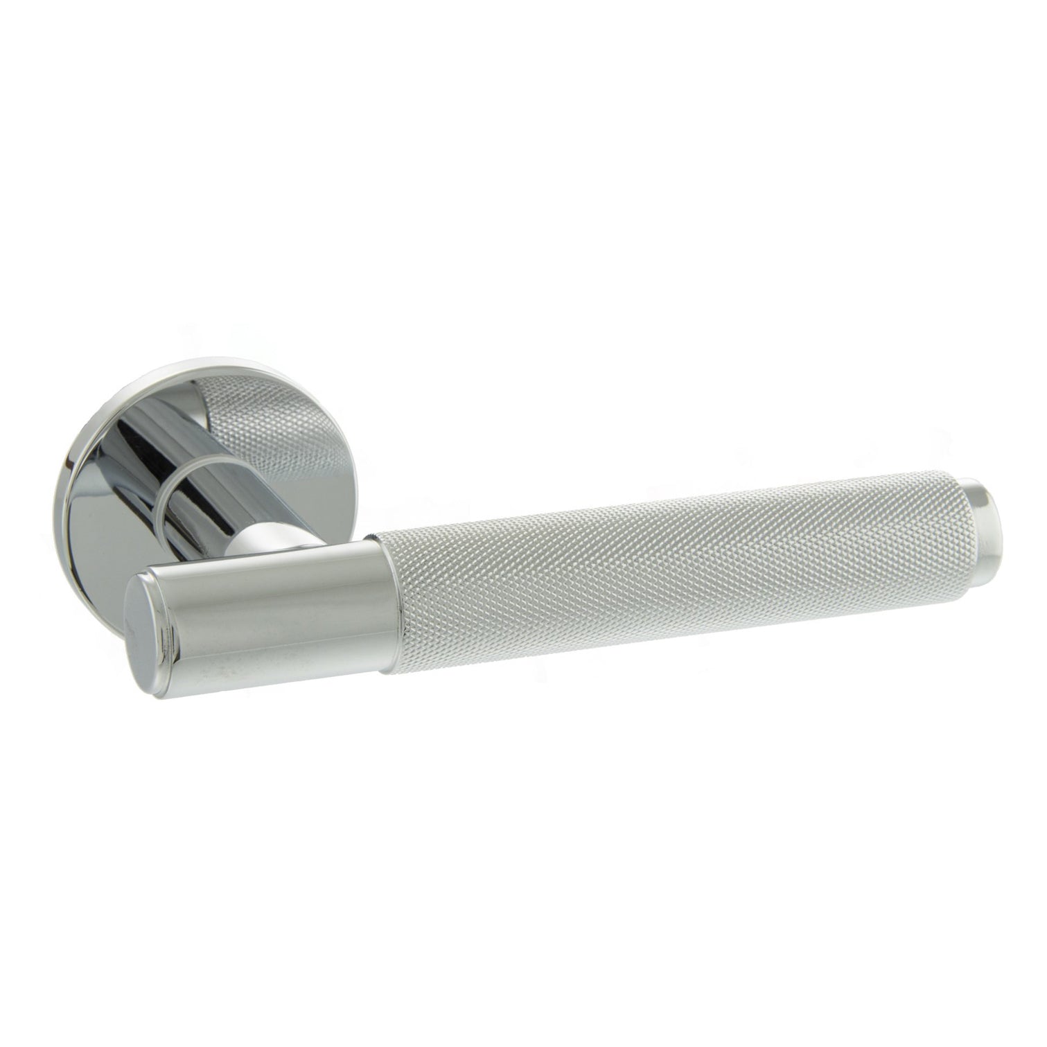 Millhouse Brass Crompton Knurled Lever Door Handle on 5mm Slimline Round Rose - Polished Chrome