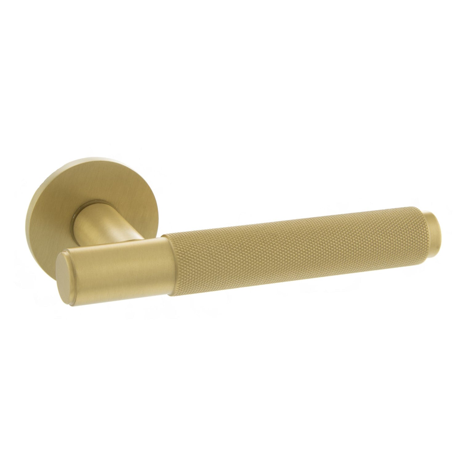 Millhouse Brass Crompton Knurled Lever Door Handle on 5mm Slimline Round Rose - Satin Brass