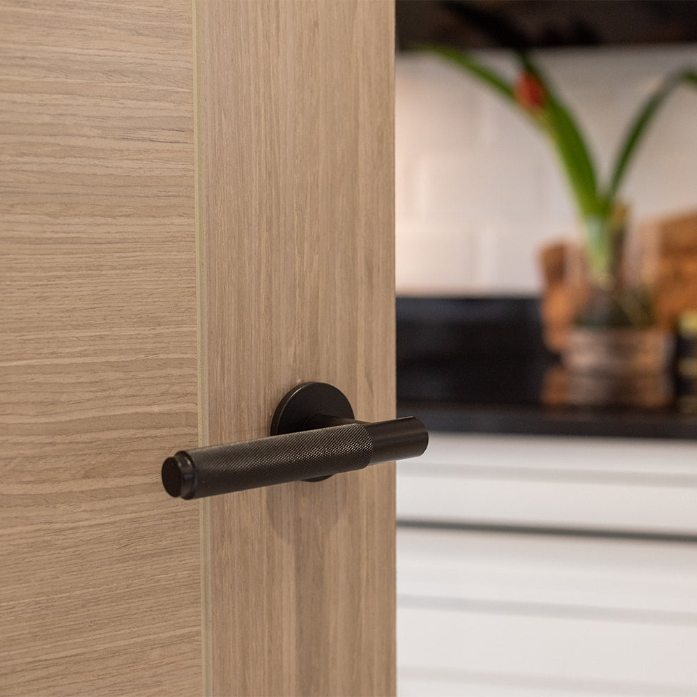 Millhouse Brass Crompton Knurled Lever Door Handle on 5mm Slimline Round Rose