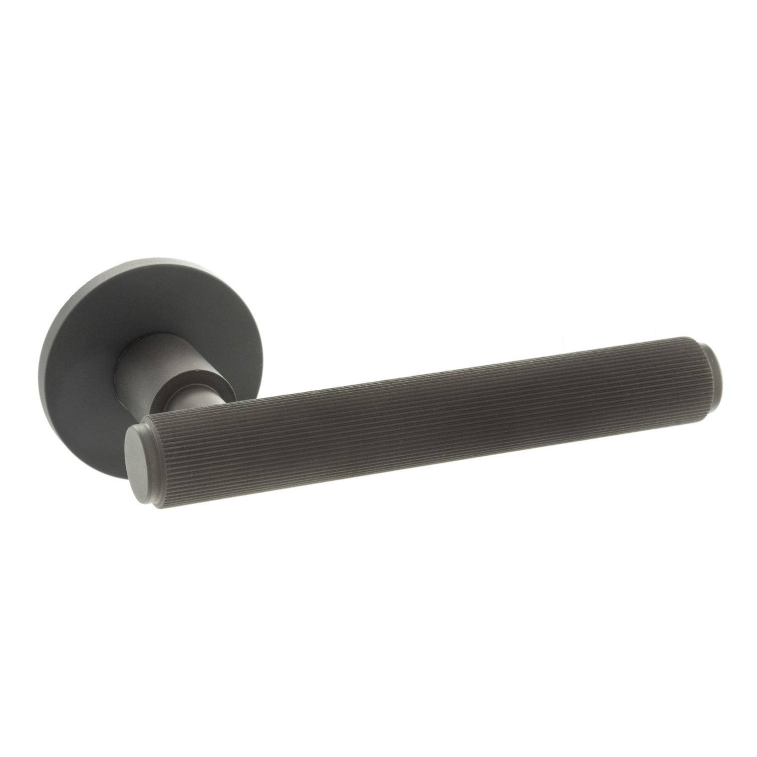 Millhouse Brass Stephenson Knurled Lever Door Handle on 5mm Slimline Round Rose - Urban Dark Bronze