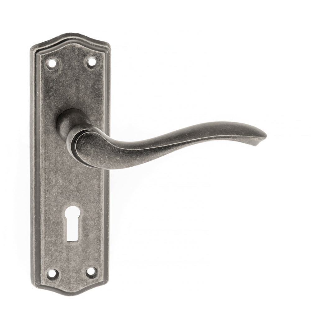 Old English Warwick Key Lever Door Handle on Backplate - Distressed Silver