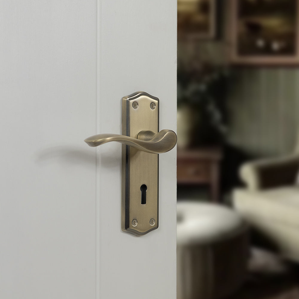 Old English Warwick Latch Lever Door Handle on Backplate