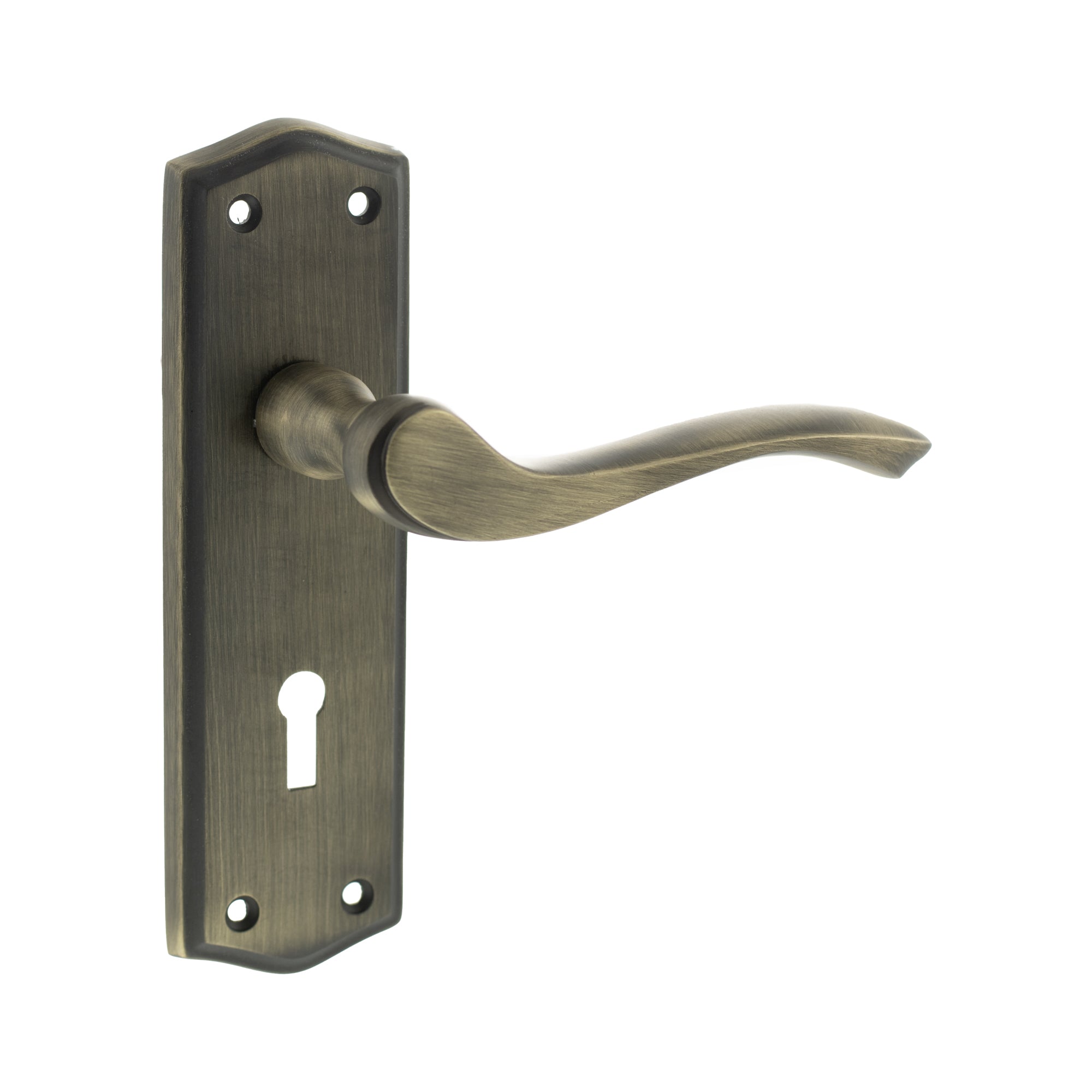Old English Warwick Key Lever Door Handle on Backplate - Matt Antique Brass