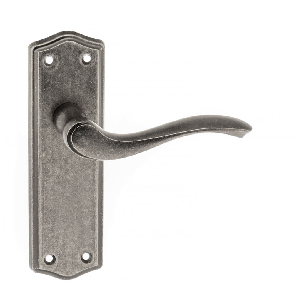 Old English Warwick Latch Lever Door Handle on Backplate - Distressed Silver