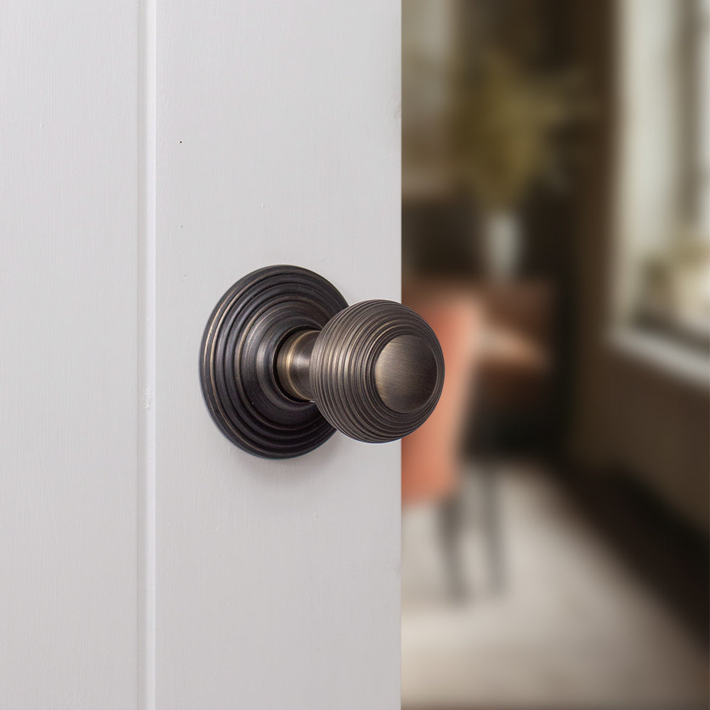 Old English Ripon Solid Brass Reeded Mortice Knob on Concealed Fix Rose