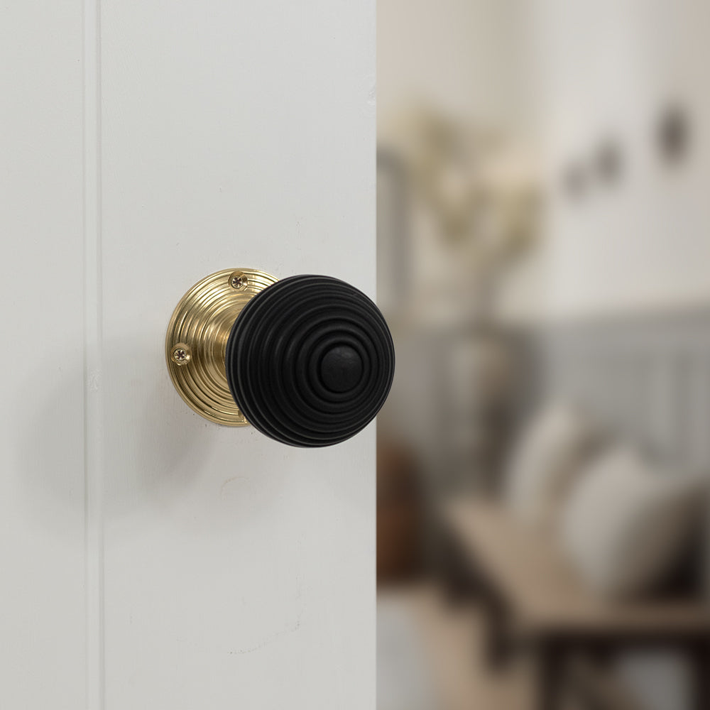 Old English Whitby Ebony Wood Reeded Beehive Mortice Knob on Face Fix Rose