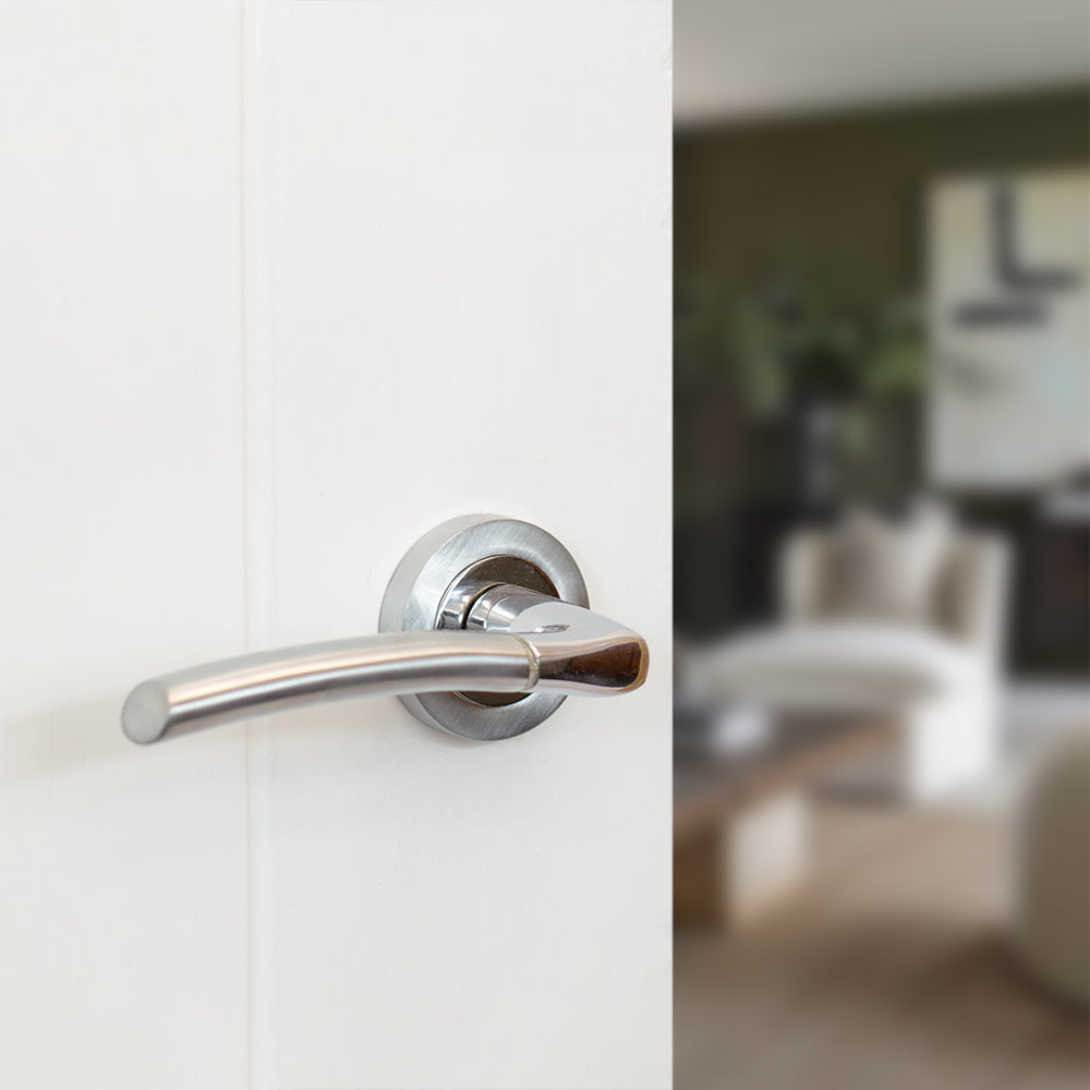 STATUS Indiana Lever Door Handle on Round Rose - Satin Chrome/