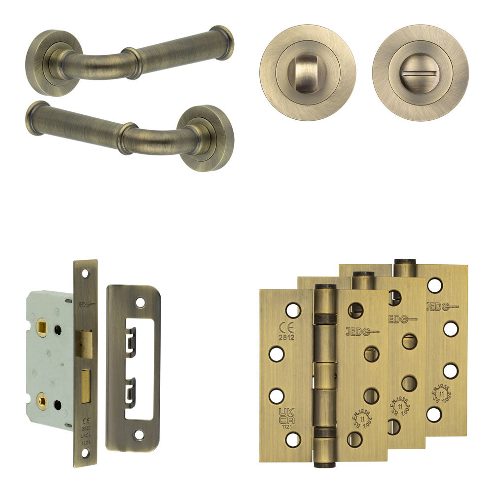 Complete Classic Door Handle Pack - Bathroom - Antique Brass - 65mm / 4" / Designer Round Turn & Release