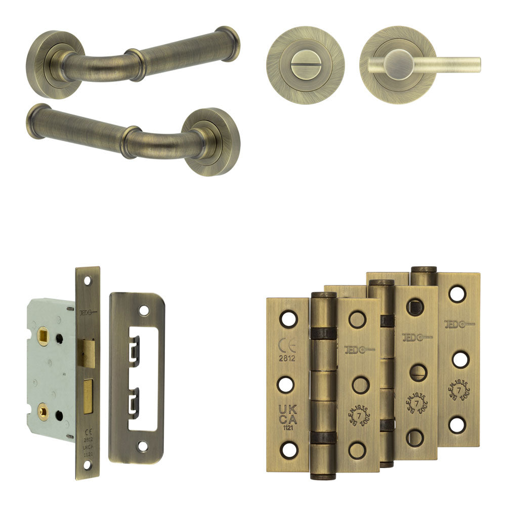 Complete Classic Door Handle Pack - Bathroom - Antique Brass - 65mm / 3" / Easy Thumb Turn & Lock