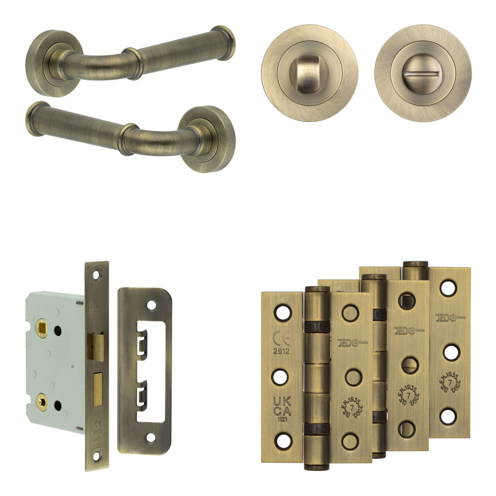 Complete Classic Door Handle Pack - Bathroom - Antique Brass - 76mm / 3" / Designer Round Turn & Release
