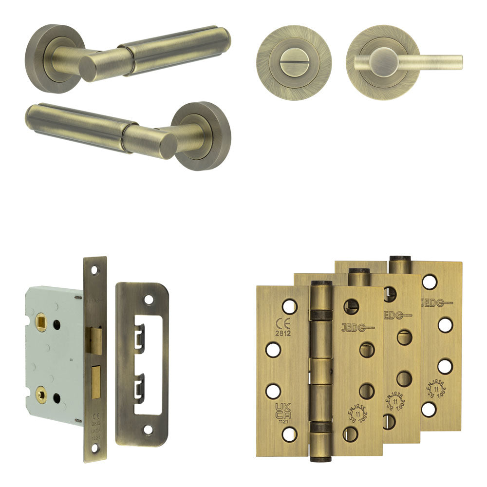 Complete Bloom Door Handle Pack - Bathroom - Antique Brass - 76mm / 4" / Easy Thumb Turn & Lock