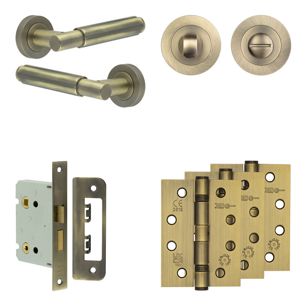 Complete Bloom Door Handle Pack - Bathroom - Antique Brass - 76mm / 4" / Designer Round Turn & Release