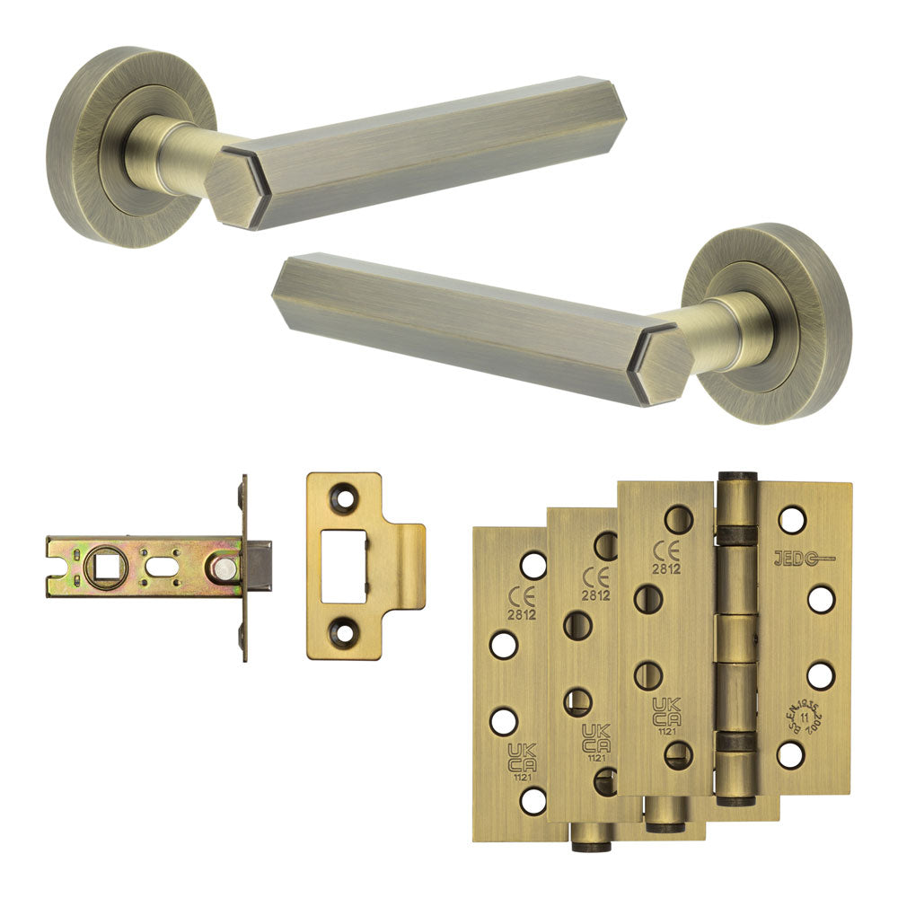 Complete Hex Door Handle Pack - Internal Doors - Antique Brass - 64mm / 4"