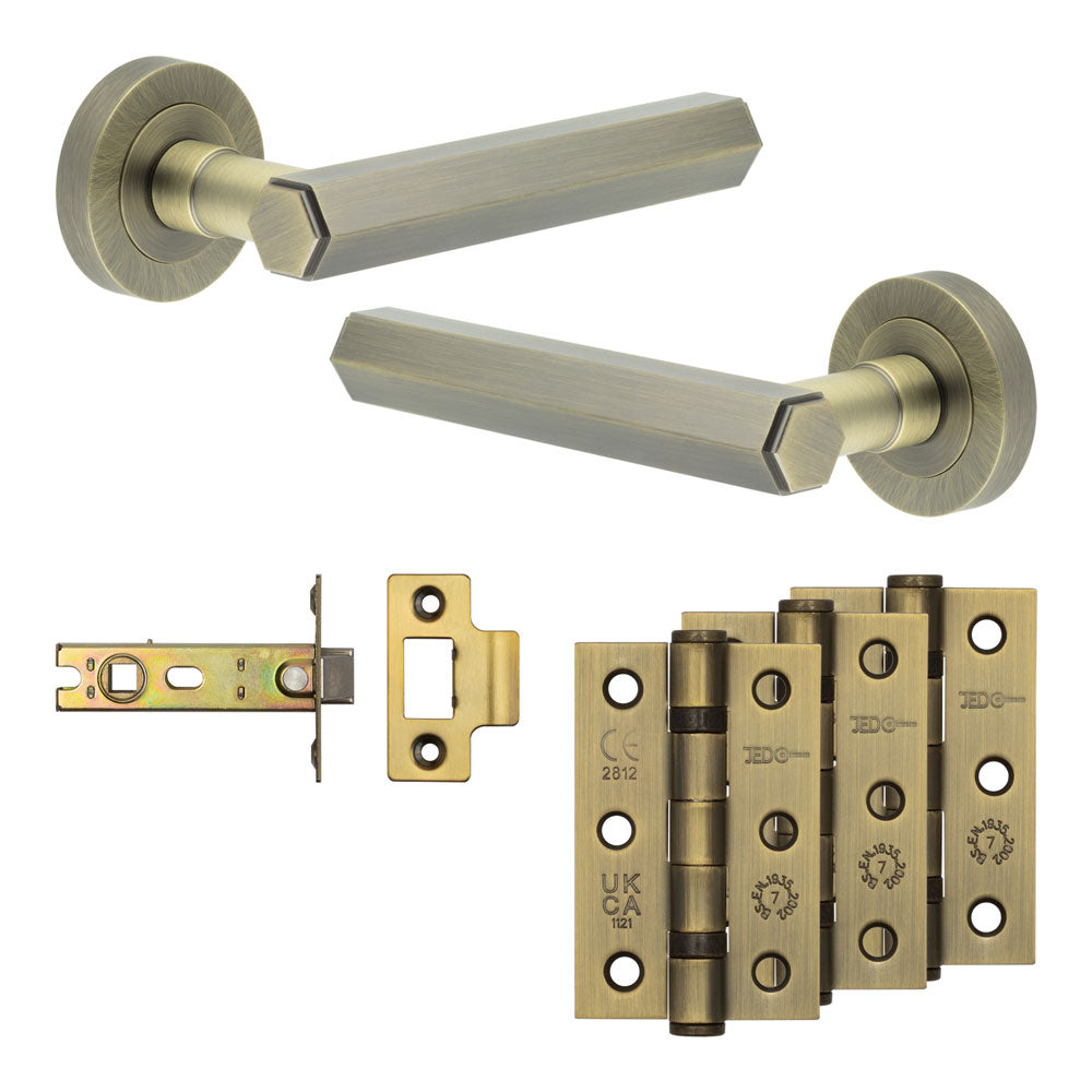 Complete Hex Door Handle Pack - Internal Doors - Antique Brass - 76mm / 3"