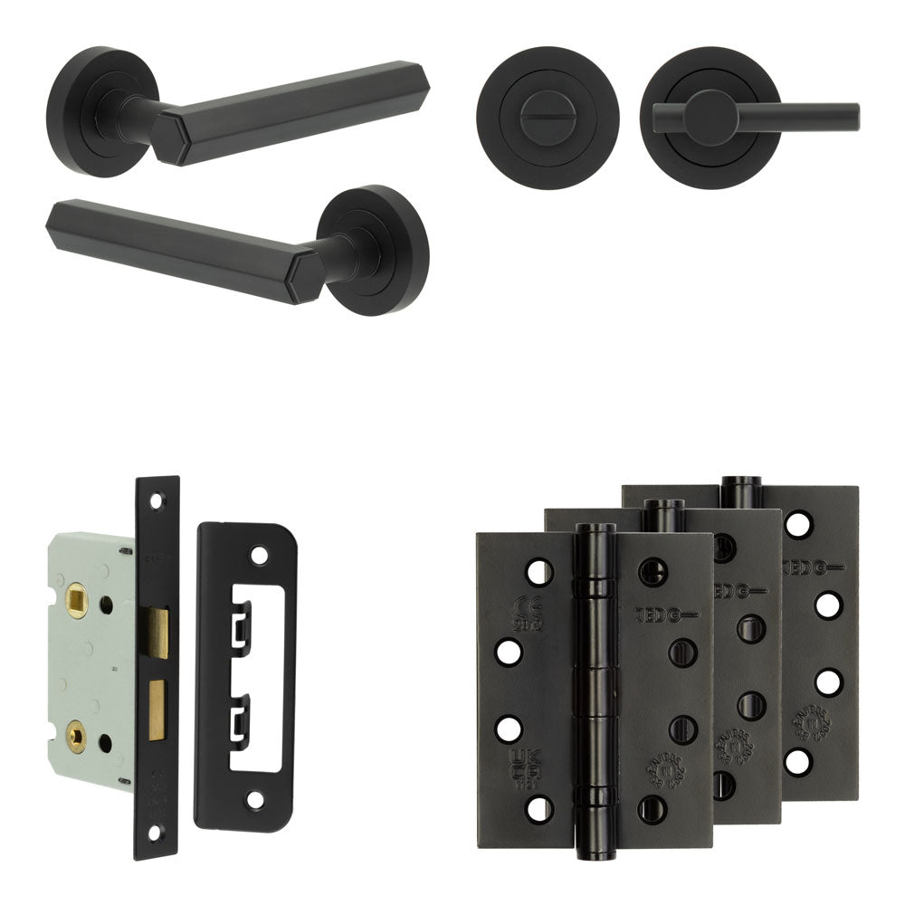 Complete Hex Door Handle Pack - Bathroom - Black - 65mm / 4" / Easy Thumb Turn & Lock