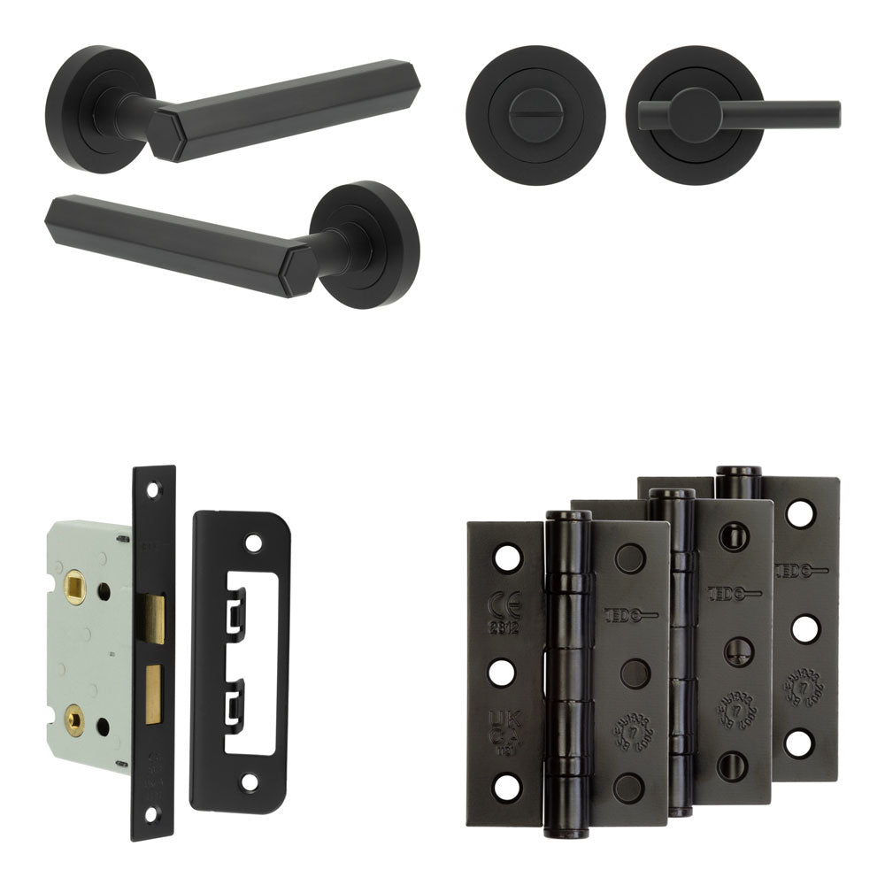 Complete Hex Door Handle Pack - Bathroom - Black - 65mm / 3" / Easy Thumb Turn & Lock