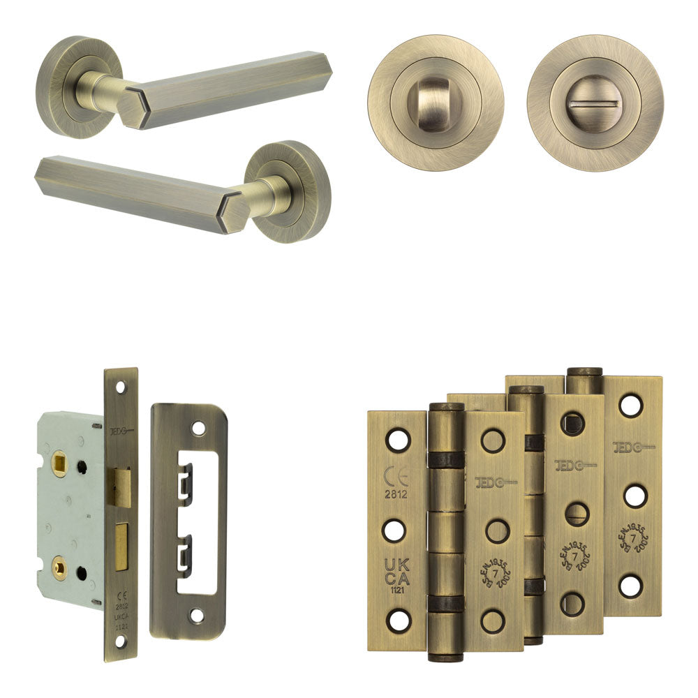 Complete Hex Door Handle Pack - Bathroom - Antique Brass - 65mm / 3" / Designer Round Turn & Release