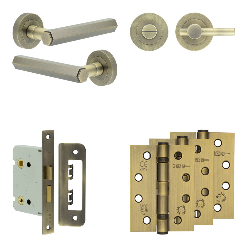 Complete Hex Door Handle Pack - Bathroom - Antique Brass - 76mm / 4" / Easy Thumb Turn & Lock
