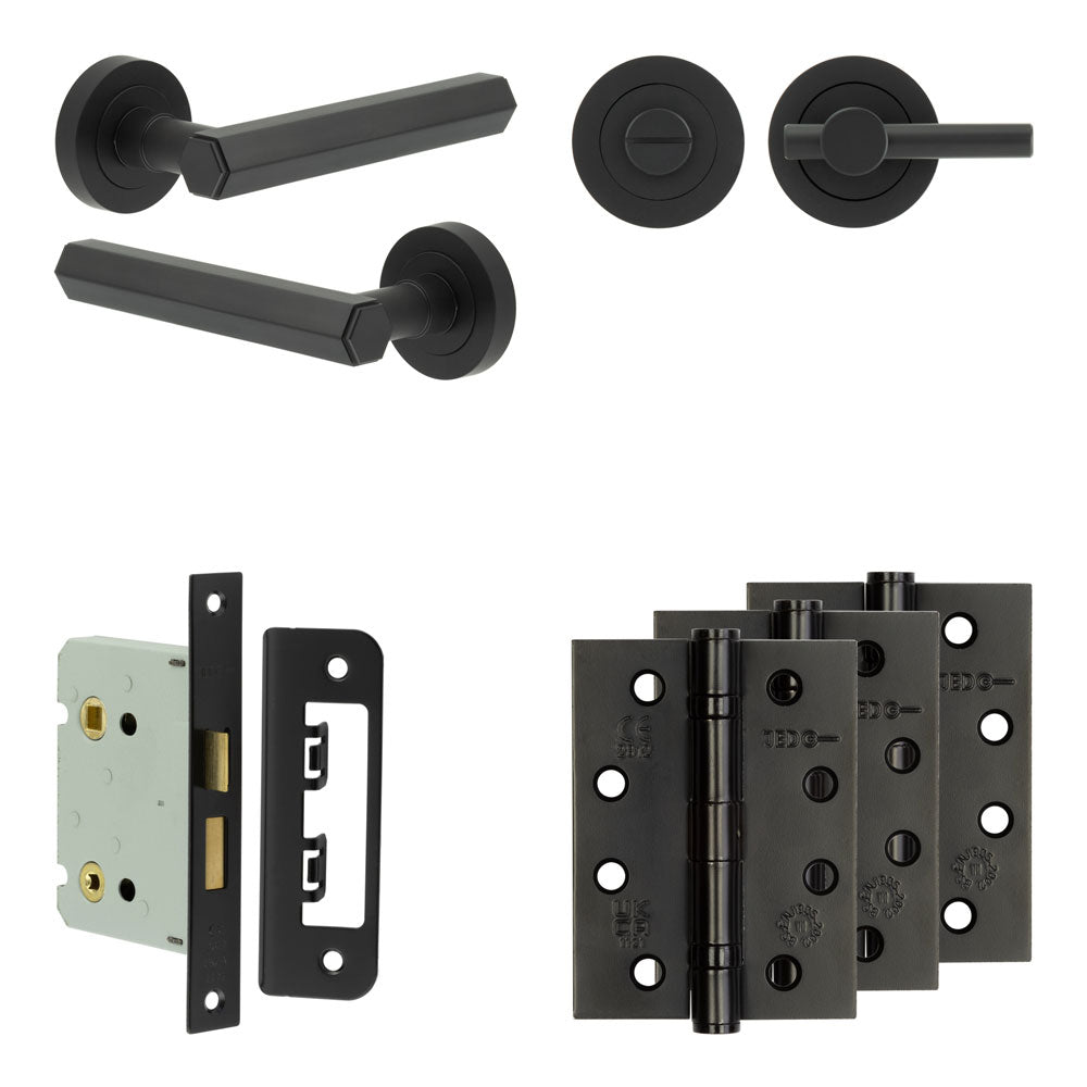 Complete Hex Door Handle Pack - Bathroom - Black - 76mm / 4" / Easy Thumb Turn & Lock