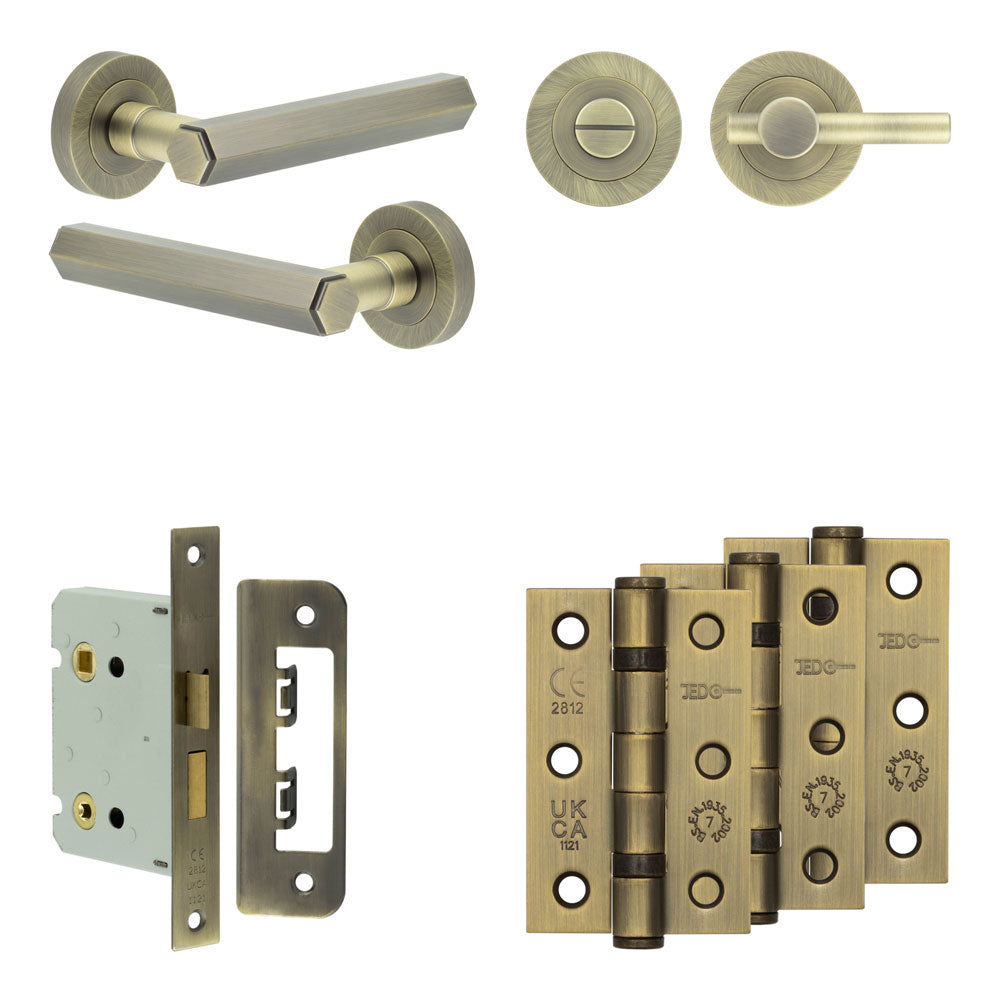 Complete Hex Door Handle Pack - Bathroom - Antique Brass - 76mm / 3" / Easy Thumb Turn & Lock
