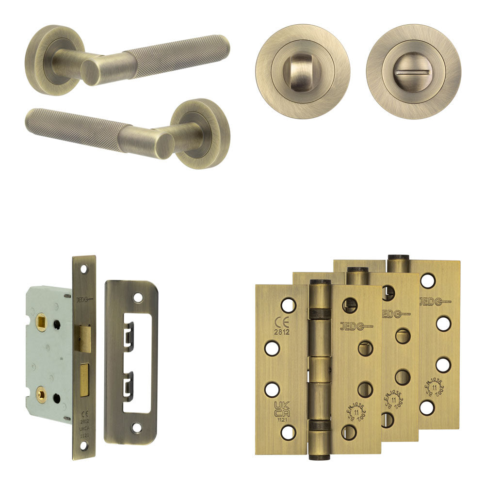 Complete Bari Door Handle Pack - Bathroom - Antique Brass - 65mm / 4" / Designer Round Turn & Release