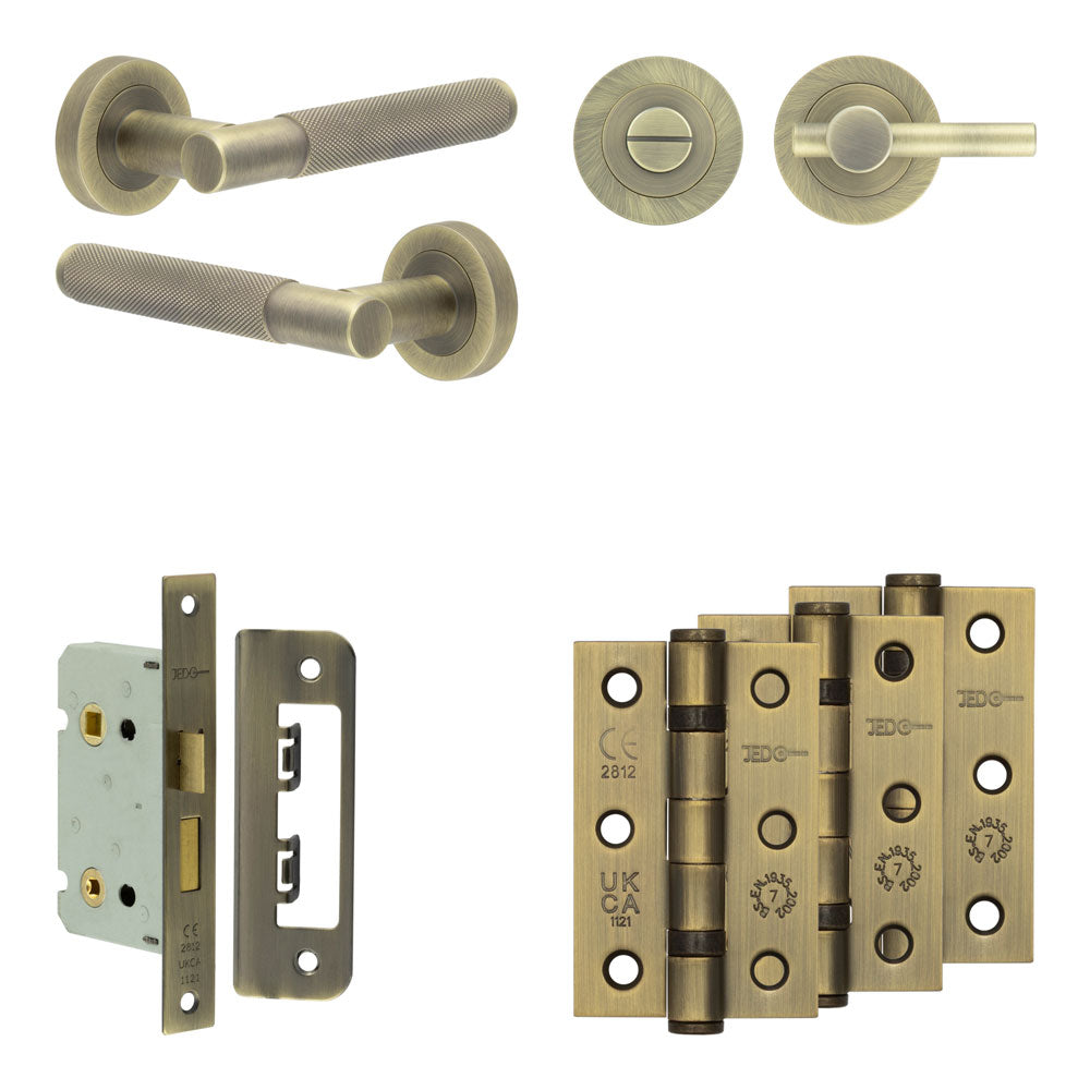 Complete Bari Door Handle Pack - Bathroom - Antique Brass - 65mm / 3" / Easy Thumb Turn & Lock