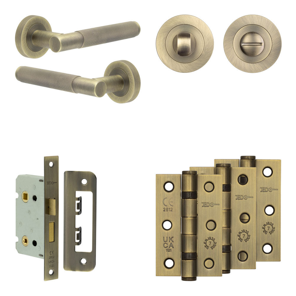 Complete Bari Door Handle Pack - Bathroom - Antique Brass - 65mm / 3" / Designer Round Turn & Release